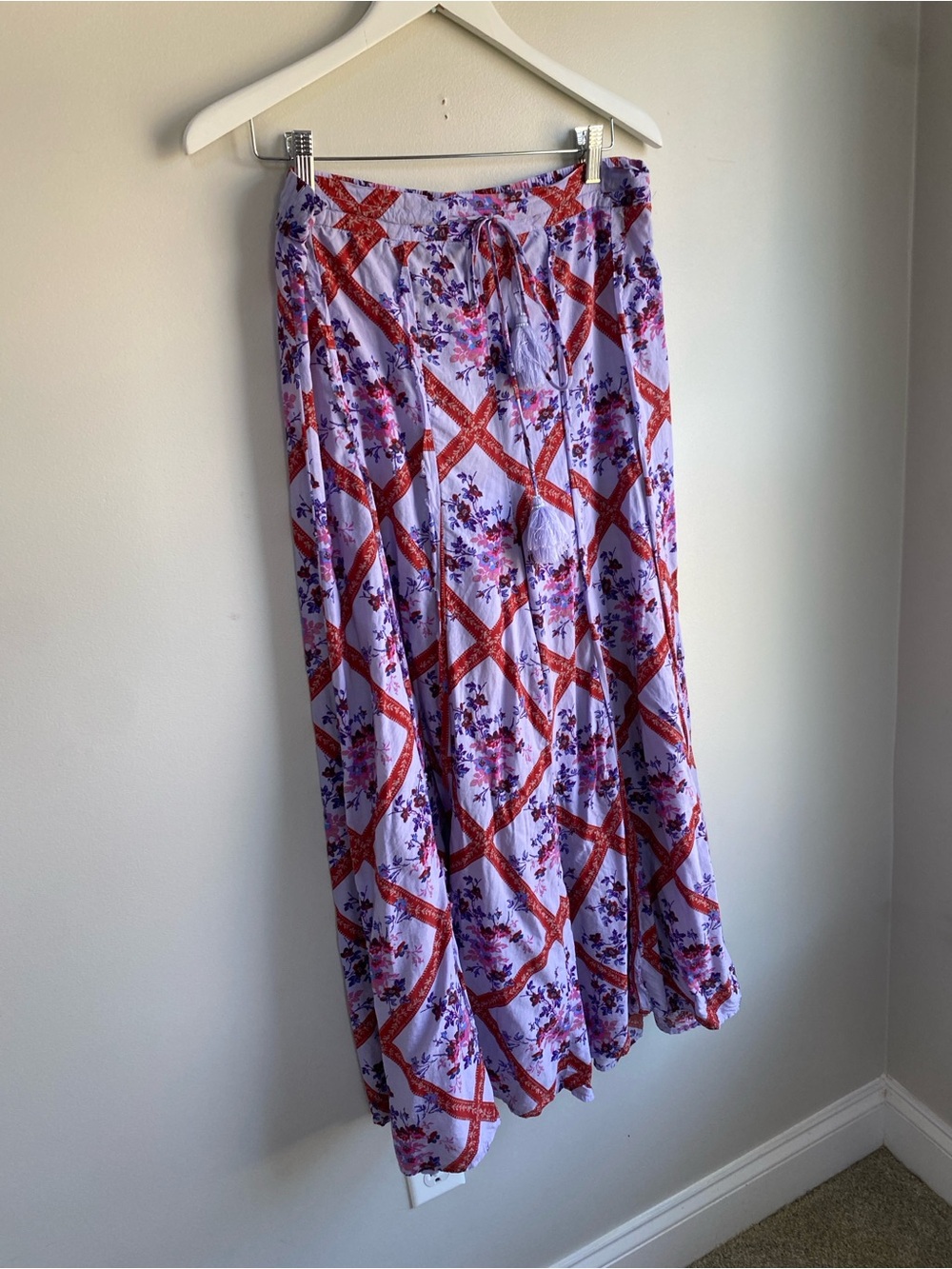 Free People Lavender Floral Wide Leg Pants with Red Lattice - Picture 5 of 9